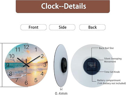 Beach Coastal Wall Clocks Battery Operated Analog Round Wall Clock for Living Room Decor 14 Inch Blue Glass Silent Wall Clock
