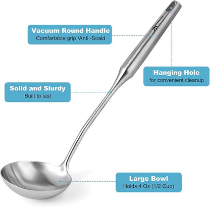 Stainless Steel Soup Ladle and Spaghetti Spoon Set - Large Ladle Spoon, Pasta Strainer, Durable Kitchen Cooking Utensils for Stirring, Serving Pasta, Soup & Sauce，Christmas Gifts