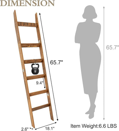 TEAKMAMA 6-Tier Blanket Ladder for Living Room and Bedroom,5.4 Ft Wall Leaning Quilt Rack with Hooks,Rustic Decorative Farmhouse Blanket Storage,Stylish Ladder Holder,Christmas Decorations,Honey Brown