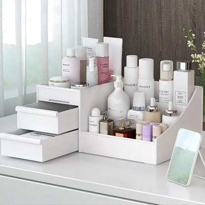 skin care organizer,Makeup Desk Organizer With Drawers,Countertop Organizer for Cosmetics,Vanity brush with Holder for Lipstick, Brushes, Eyeshadow, and Jewelry Desktop Finishing Dresser (White)