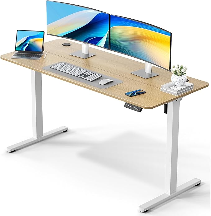 55" Electric Standing Desk Adjustable Height, Ergonomic Sit Stand Computer Desk for Home Office, Sturdy Motorized Workstation with Memory Controller & Timer, Oak