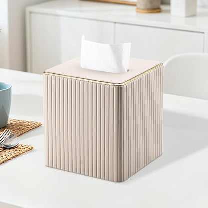 KINGFOM Square Tissue Box Cover, PU Leather Tissue Box Holder for Kleenexs with Magnetic Bottom Cover for Facial Tissues/Napkins, Office & Living Room Decor Box Beige
