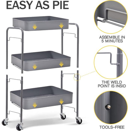 TOOLF 3-Tier Rolling Cart - Metal Utility Storage Organizer with Lockable Wheels, 33 lbs Per Shelf, Tool-Free 5-Min Assembly, for Kitchen Bathroom Office Nursery Craft Room, Grey