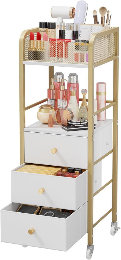 HapiRm Rolling Makeup Cart Organizer - Floor Skincare Make Up Storage with 3 Non-woven Fabric Drawers, Vanity Organizer Cosmetic Display Cases Holder for Skin Care Perfume Nail Polish Brush Hair Tool