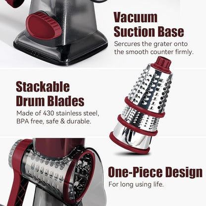 KEOUKE Rotary Cheese Grater Hand Crank Transparent - Shredder Slicer Grinder 3 Stainless Steel Blades, Stable Suction, Labor-Saving Handle, Safe Kitchen Tool for Cheese, Vegetable, Nuts, Chocolate