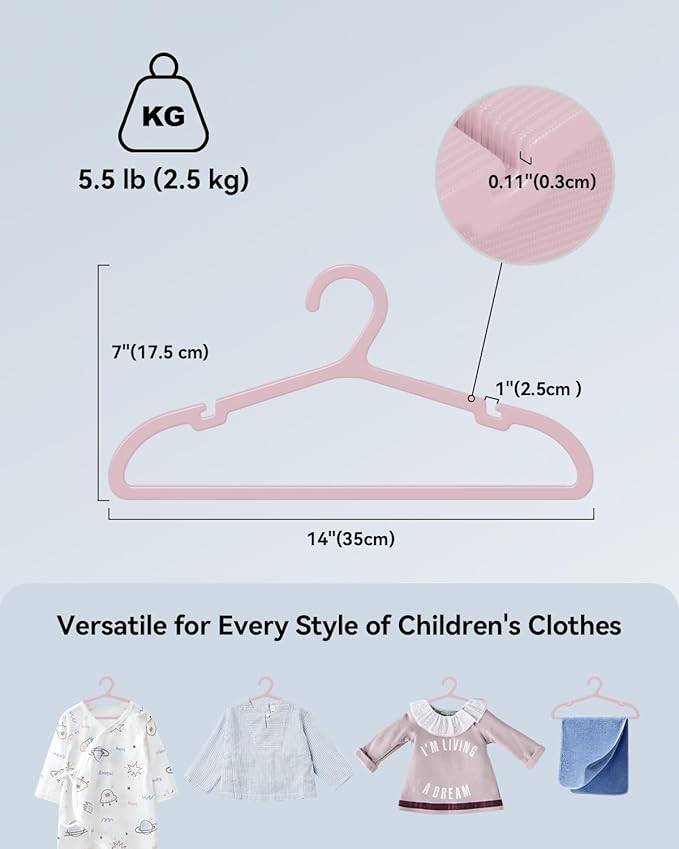 Plastic Kids Hangers, Pack of 60, Ultra Slim Closet Hangers, Non-Slip, Space-Saving, Sturdy, 14" W x 7" H (for Children Aged 7-12 Years),Light Pink, UAPY0760P