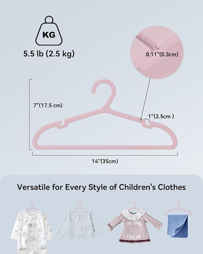 Plastic Kids Hangers, Pack of 60, Ultra Slim Closet Hangers, Non-Slip, Space-Saving, Sturdy, 14" W x 7" H (for Children Aged 7-12 Years),Light Pink, UAPY0760P