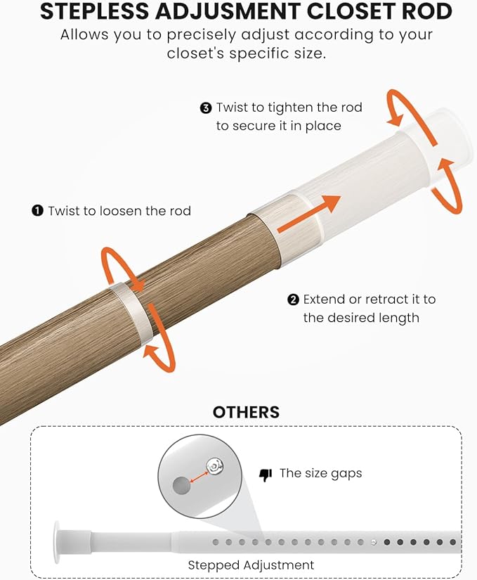 Supforce Closet Rods for Hanging Clothes, 17 to 39 Inches Stepless Adjustable Metal Closet Rod, 1.3 Inches Heavy Duty Clothes Hanging Rod for Closet Wardrobes Laundry RV(Wood Grain)
