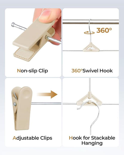 Pants Hangers with Clips 50 Pack - Space Saving Stackable Shorts Skirt Hangers with Clips - Non-Slip, Adjustable for Men, Women, Kids, Children, Baby, Beige