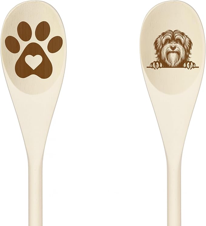 HAVANESE Wooden Spoons for Cooking, Serving or Decorative Kitchen Utensils Set Dog Lover Dog Mom/Dad Gift with Peeking Dog Designs, Paw Print and Dog Head, Kitchen Utensils Set of 2