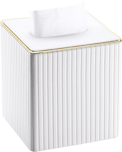 KINGFOM Tissue Box Cover, PU Leather Square Tissue Box Holder for Kleenexs with Magnetic Bottom Cover for Facial Tissues/Napkins, Office & Living Room Decor Box White