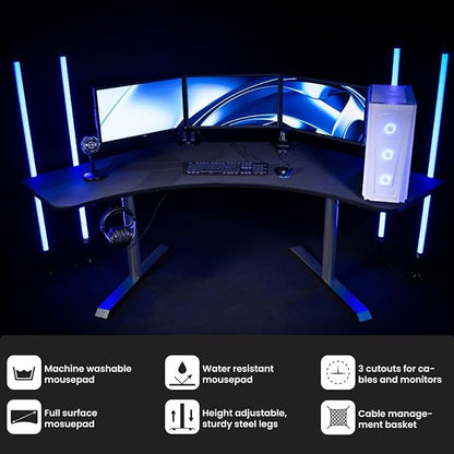 Arozzi Arena Angelo L Shaped GamingDesk, PC Gaming Desk L Shape, Height Adjustable L Shaped Standing Desk for Home Office, Computer Desk with Full Coverage Mouse Pad (Gun Metal)