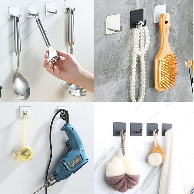 8 Pack Adhesive Hooks, 4 Pack Razor Holder for Shower and 4 Heavy Duty Waterproof Sticky Hooks for Hanging Towels, Loofah, Coat, Hat (Silver)