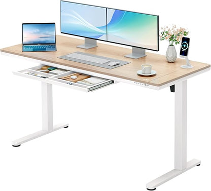 Furmax Electric Standing Desk with Drawers, Adjustable Height Sit Stand Desk with One-Piece Desktop & USB Charging Port for Home Office Computer Desks (Bamboo Desktop, 55 Inch)
