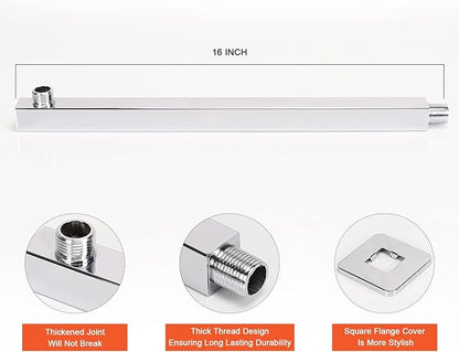 HarJue Shower Head with Extension Arm, High Pressure Square with ShowerArm, Stainless Steel Rainfall -Waterfall Full Body Coverage (10'' Shower with 16'' Arm, Chrome)