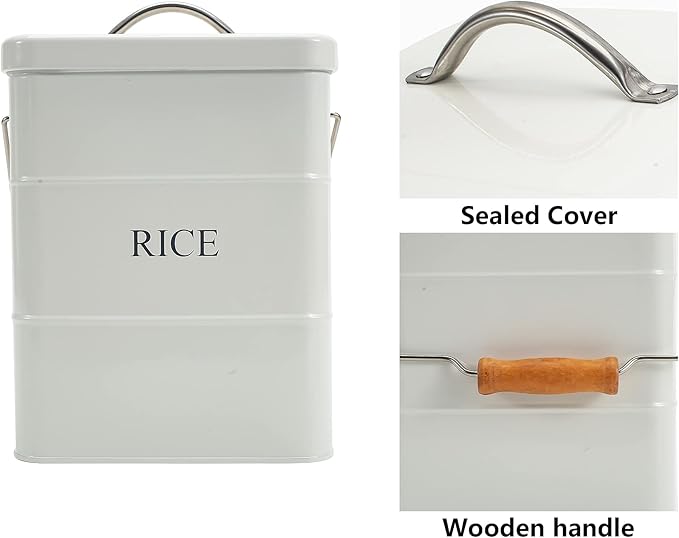 Metal Rice Storage Box, Square Rice Container with Lid and handle, Sealed Food Storage Bin for Kitchen, Countertop Organizer Jar for Rice Flour Soybean Grain Cereal-White