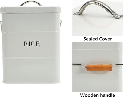 Metal Rice Storage Box, Square Rice Container with Lid and handle, Sealed Food Storage Bin for Kitchen, Countertop Organizer Jar for Rice Flour Soybean Grain Cereal-White