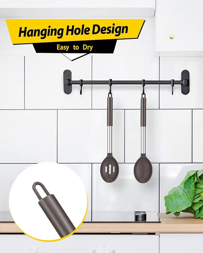 Pack of 2 Large Silicone Cooking Spoons,Non Stick Solid Basting Spoon,Heat-Resistant Kitchen Utensils for Mixing,Serving,Draining,Stirring (CHOCOLATE)