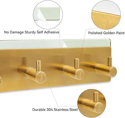 Self Adhesive Key Hook Rack with 4 Hooks for Keys, Masks - Wall Mounted Entryway, Hallway Hanger - Gold