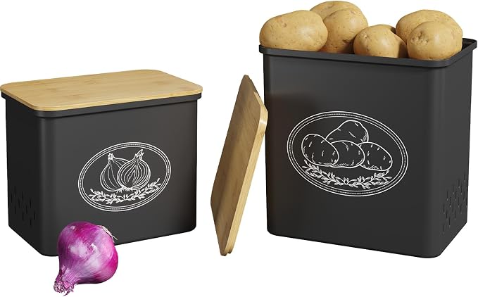 Lifewit Plastic Potato and Onion Storage Bin, Stackable Garlic Keeper with Aerating Holes and Lid, Vegetable Container Box for Pantry Countertop, Black, 24 x 18 x 24 cm/9.5 x 7 x 9.5 inch, Set of 2