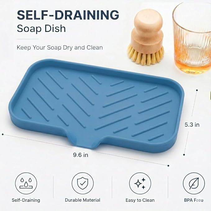 MicoYang Silicone Soap Dish with Drain Spout — Self-Draining Sink Organizer Tray for Bathroom & Kitchen, Sponges, Dispensers & Soap Holder, Non-Slip & Dishwasher Safe, Lichen Blue (Medium, 9.6"×5.3")