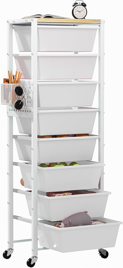 Rolling Cart with Drawers, Rolling Storage Cart with 8 Large Plastic Drawers & Wooden Tabletop, Utility Cart with Pegboards & Basket, Storage Drawers Cart for Living Room, Classroom, Bedroom, Office