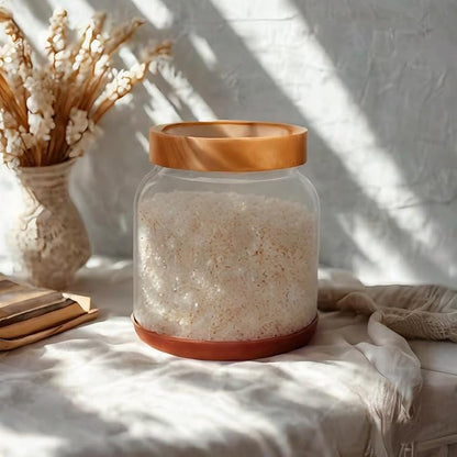 SAIOOL 2-Pack Striped Borosilicate Glass Airtight Canisters - Big mouth Large Capacity, Acacia Wood Lid, Food Storage Jars for Flour, Pasta, Pantry Organization (1/2 Gallon （Strew 2 pack）)