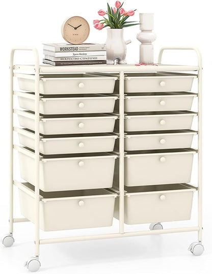 LDAILY 12 Drawer Rolling Storage Cart, Craft Cart Organizer on Wheels w/Metal Frame, Large Capacity & Smooth Drawer, Rolling Cart w/Drawers for Classroom, Office