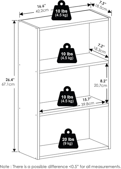 Furinno Basic Book Shelf, 3-Tier Bookshelf, Cube Storage Organizer Bookcase with Open Shelf, 7 x 17 x 26, for Living Room, Bedroom, Home Office, Amber Pine
