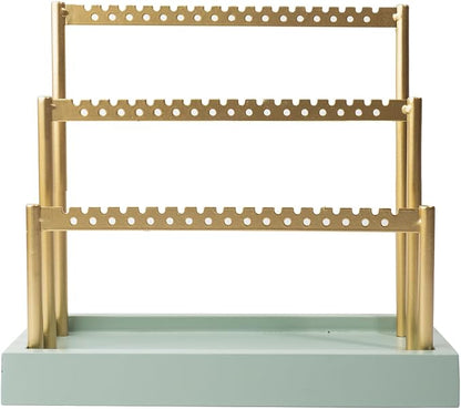 SANY DAYO HOME 3-Tier Earring Holder Organizer Stand, 105 Holes Gold Metal Earring Rack Jewelry Display Tree with Sage Green Wood Tray for Women and Girls