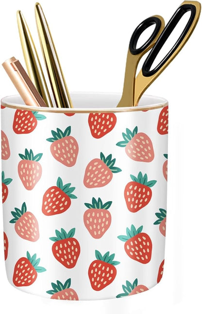 WAVEYU Pencil Holder for Desk, Ceramic Pencil Pens Cup Cute Makeup Brush Holder, Unique Desk Multifunctional Pen Organizer for Home, Office, Strawberries Pattern