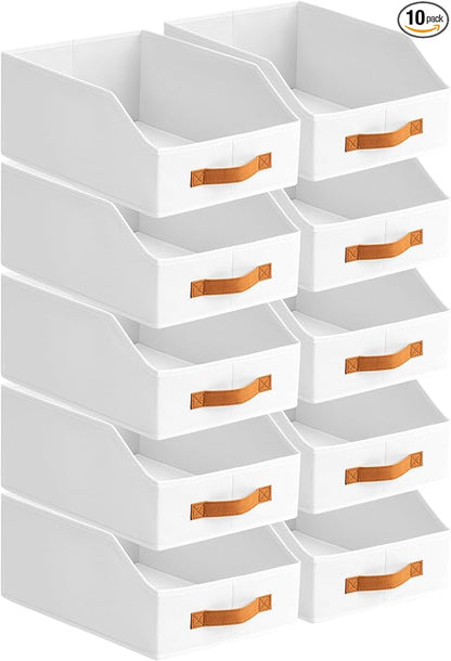 Homsorout Fabric Storage Bins for Organizing - 10 Pack Large Trapezoid Collapsible Storage Bins with Front Handle, Closet Organizers and Storage for Bedroom, Home Shelves, Small Spaces, White
