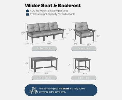 Grey HDPE Patio Sofa Set, 3-Piece Sectional Outdoor Patio Furniture Set, All Weather Outdoor Couch Set with Washable Thick Cushions for Lawn, Garden, Deck, Porch, Balcony, Poolside, Yard