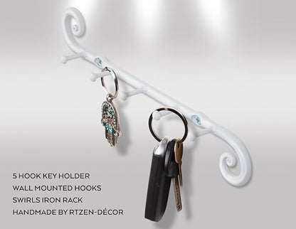 RTZEN Farmhouse Small Key Holder for Wall - Handcrafted Swirl Decorative 5 Key Hooks for Home Entryway - Wrought Iron Wall Mount Rack Purse Coat and Leash Holder or Organizer (Classic White)