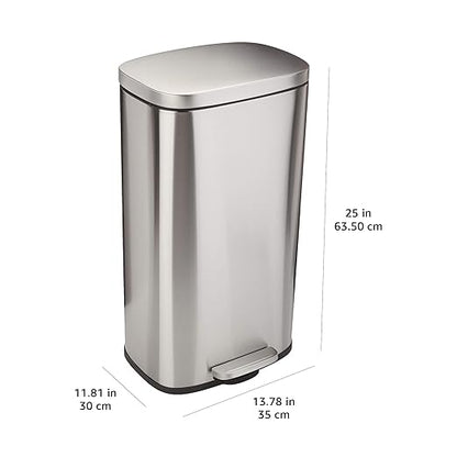 Amazon Basics Smudge Resistant Rectangular Trash Can with Soft-Close Lid, Foot Pedal, Removable Inner Bucket, 30 Liter/7.9 Gallon, Brushed Stainless Steel, Satin Nickel Finish, 13.8"L x 11.8"W x 25"H