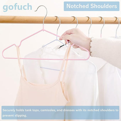 Ultra-Thin Metal Hangers, 50 Pack Non-Slip PVC Coated Space Saving Clothes Hangers for Closet, 16 inch Wide for Suits, Dresses, Jackets（Pink）