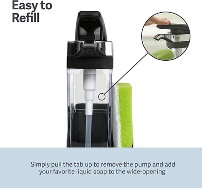 Casabella Sink Sider Solo Kitchen Soap Pump and Sponge Caddy, Black/Chrome - 2-in-1 Soap and Sponge Caddy, One-Hand Soap Dispensing, Ergonomic Design, Easy to Refill and Clean, Efficient Size