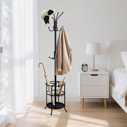 Freestanding Coat Rack with Umbrella Holder,Metal Coat Tree with 12 Hooks for Hanging Coat,Hats,Bag, Black Modern Coat Rack Stand Umbrella Stand for Entryway, Living Room, Bedroom, Office