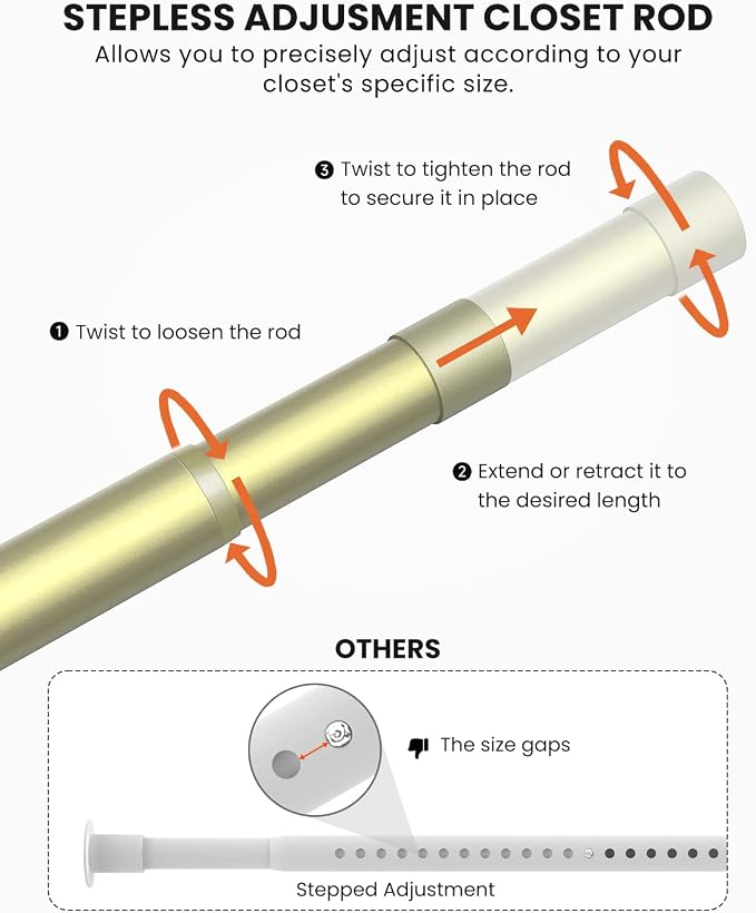 Supforce Closet Rods for Hanging Clothes, 17 to 39 Inches Stepless Adjustable Metal Closet Rod, 1.3 Inches Heavy Duty Clothes Hanging Rod for Closet Wardrobes Laundry RV, Verdant Gold
