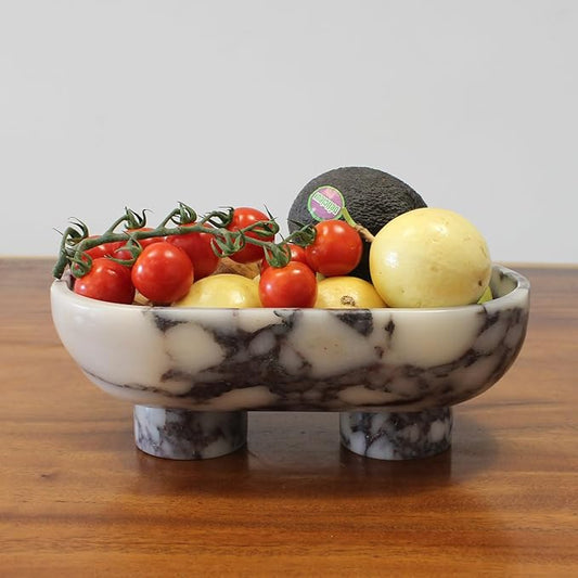 Nawgnail Natural Oval Calacatta Viola Marble Fruit Bowl for Kitchen Counter 10", Large Decorative Bowl Two-Legs for Home Decor, Fruits Holder For Dining Table - Kitchen Organization