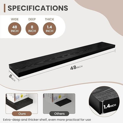 Acovy 48 Inch Floating Shelves, 8 Inch Deep Floating Shelves for Wall, Hanging Shelf with Invisible Brackets, Deep Shelves for Bathroom, Bedroom, Living Room, Black, Set of 2