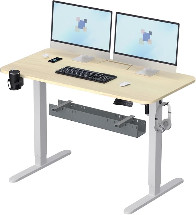 Electric Standing Desk With Cable Management Tray,48x24 Inch Adjustable Height Sit Stand Desk,With Memory Presets & Anti-Collision Computer Desk,For Office,Home,Light Wood Top&White Frame