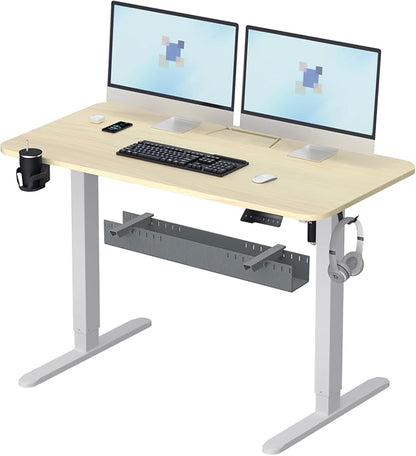 Electric Standing Desk With Cable Management Tray,48x24 Inch Adjustable Height Sit Stand Desk,With Memory Presets & Anti-Collision Computer Desk,For Office,Home,Light Wood Top&White Frame