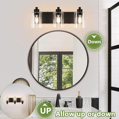 Bathroom Light Fixtures,Matte Black 3-Light Bathroom Lights Over Mirror with Clear Glass Shade,Wall Sconces for Kitchen Living Room Bedroom