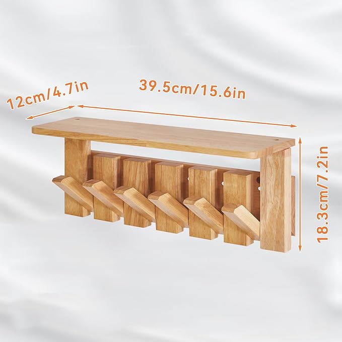 YMYNY Coat Rack Wall Mount with Shelf, Wall Shelf with Retractable Hooks, Wooden Wall Coat Rack for Hanging Clothes/Coats/Keys/Hats/Towels/Bags, Natural, HWS008N