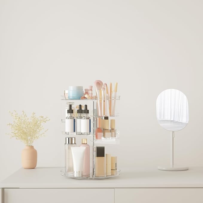 Rotating Makeup Organizer, DIY 8 Adjustable Layers Spinning Skincare Storage, Cosmetic Display Case with Brush Holder and Perfume Tray, Multi-Function Vanity Bathroom Countertop Organizer Clear