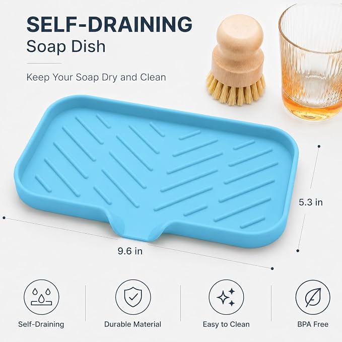 MicoYang Silicone Soap Dish with Drain Spout — Self-Draining Sink Organizer Tray for Bathroom & Kitchen, Sponges, Dispensers & Soap Holder, Non-Slip & Dishwasher Safe, Light Blue (Medium, 9.6"×5.3")