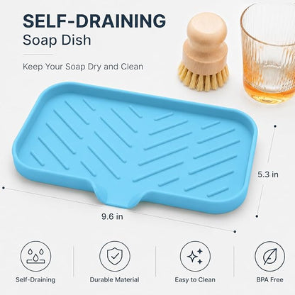 MicoYang Silicone Soap Dish with Drain Spout — Self-Draining Sink Organizer Tray for Bathroom & Kitchen, Sponges, Dispensers & Soap Holder, Non-Slip & Dishwasher Safe, Light Blue (Medium, 9.6"×5.3")