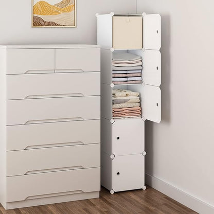 MAGINELS 5 Cube Storage Cabinet, Narrow Clothes Storage with Doors,Tall Plastic Standing Organizer Shelves for Small Spaces,Use to Closet,Bedroom,Livingroom,White(11.8x11.8inch)