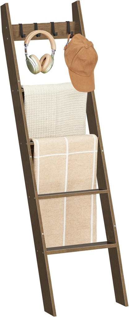 HOOBRO Blanket Ladder for Living Room and Bedroom, 5-Tier Wall Leaning Towel Rack for Bathroom, Decorative Ladder Shelf with 4 Removable Hooks, Farmhouse Blanket Storage, Mocha MA51CJ01G1